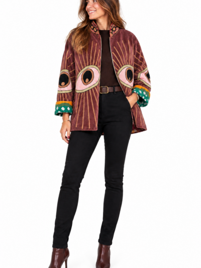 Home Chaqueta Burdeos con cuello y Ojos estilo kimono acolchada Boho-chic