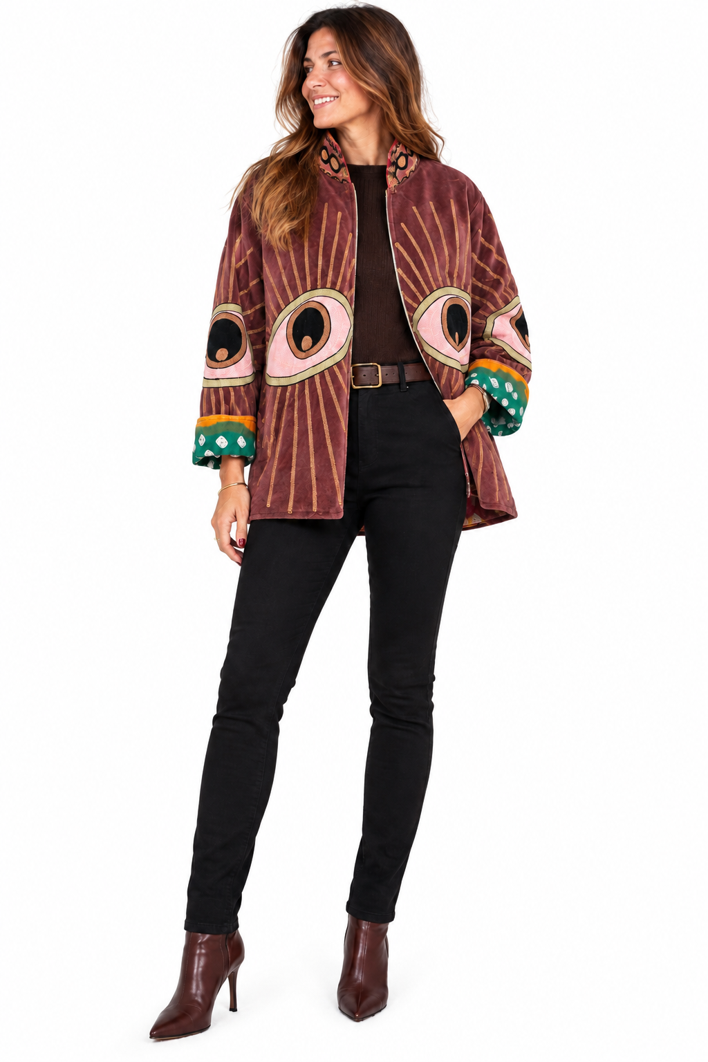 Chaqueta Burdeos con cuello y Ojos estilo kimono acolchada Boho-chic Chaqueta Burdeos con cuello y Ojos estilo kimono acolchada Boho-chic