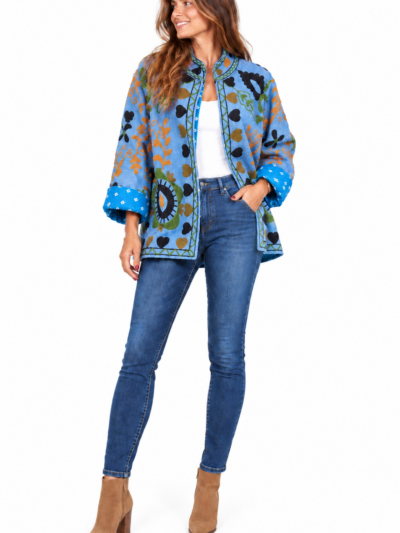 Home Chaqueta Azul con cuello,manga rombo y estilo kimono acolchada Boho-chic