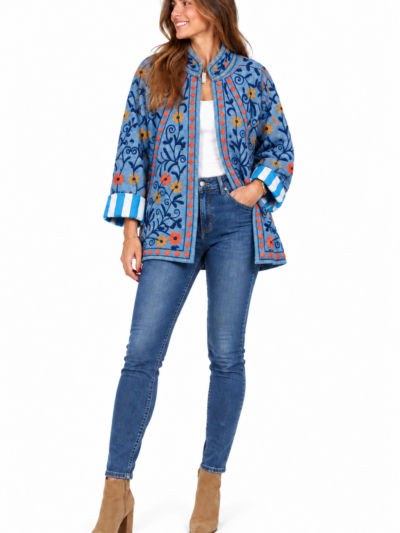 Home Chaqueta Azul con cuello, mangas a rayas, estilo kimono acolchada Boho-chic