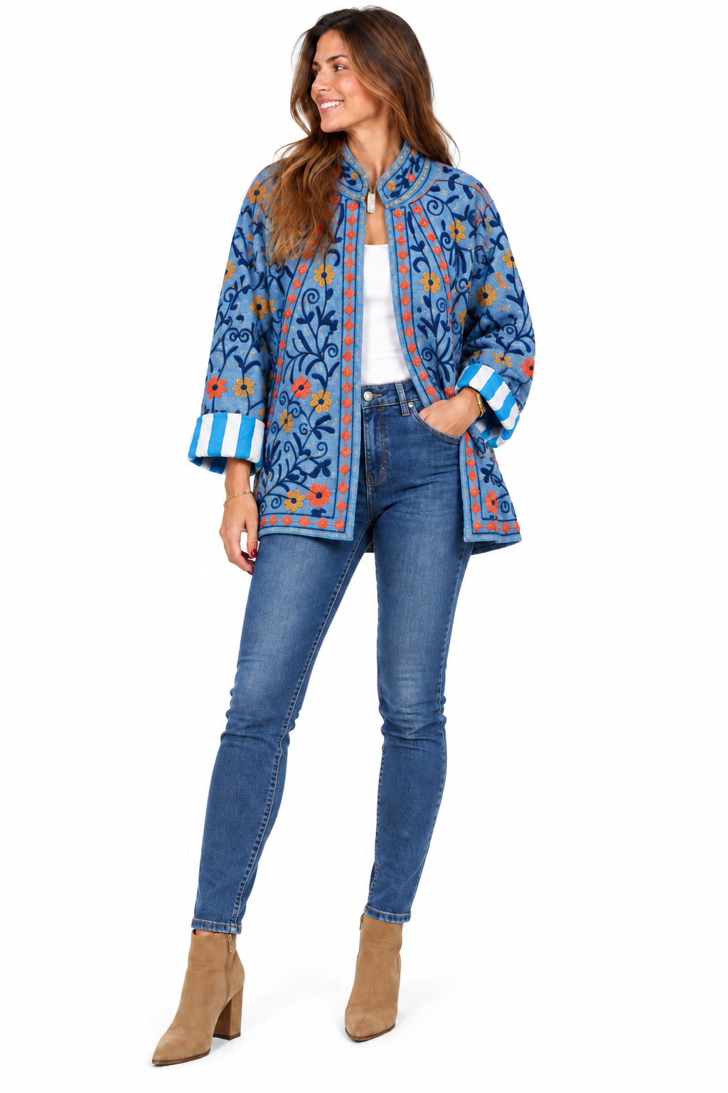 Chaqueta Azul con cuello, mangas a rayas, estilo kimono acolchada Boho-chic Chaqueta Azul con cuello, mangas a rayas, estilo kimono acolchada Boho-chic