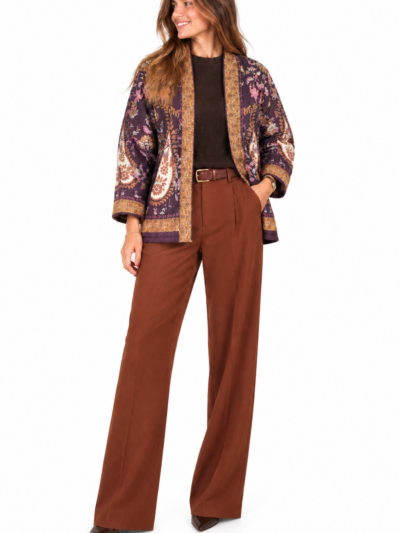 Home Chaqueta Burdeos y Naranja estilo kimono con motivos florales acolchada Boho-chic