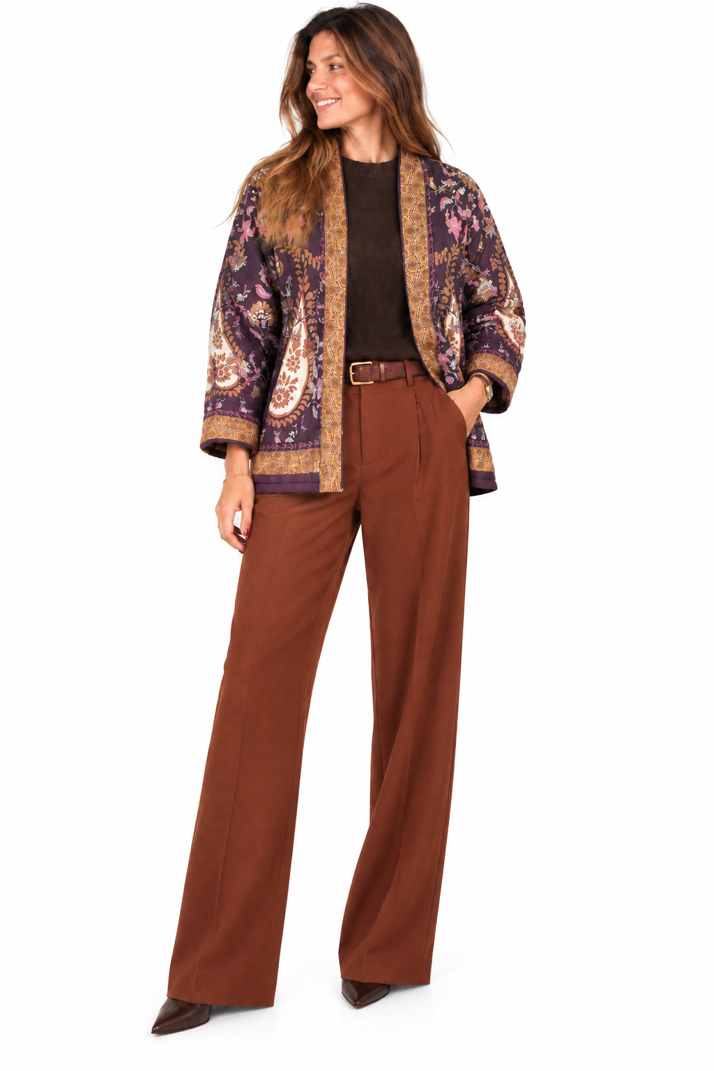 Chaqueta Burdeos y Naranja estilo kimono con motivos florales acolchada Boho-chic Chaqueta Burdeos y Naranja estilo kimono con motivos florales acolchada Boho-chic