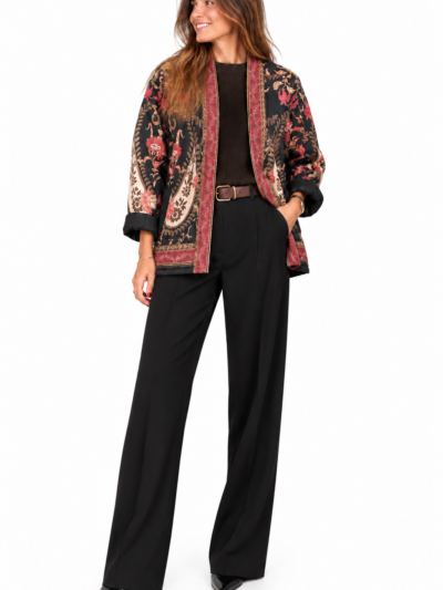Home Chaqueta Roja y Negra estilo kimono con motivos florales acolchada Boho-chic