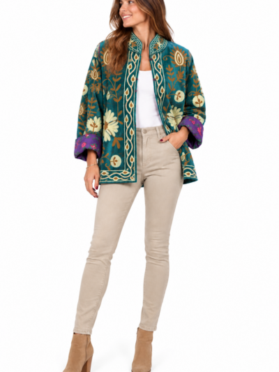 Home Chaqueta Verde con cuello y Margaritas estilo kimono acolchada Boho-chic
