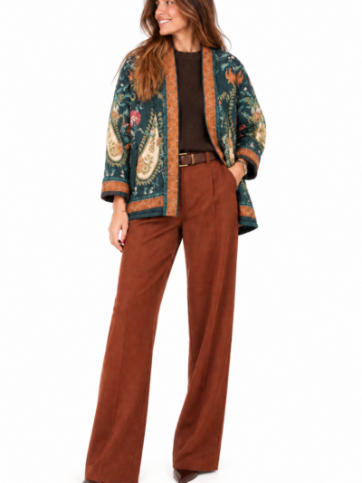 Home Chaqueta Verde y Naranja estilo kimono con motivos florales acolchada Boho-chic
