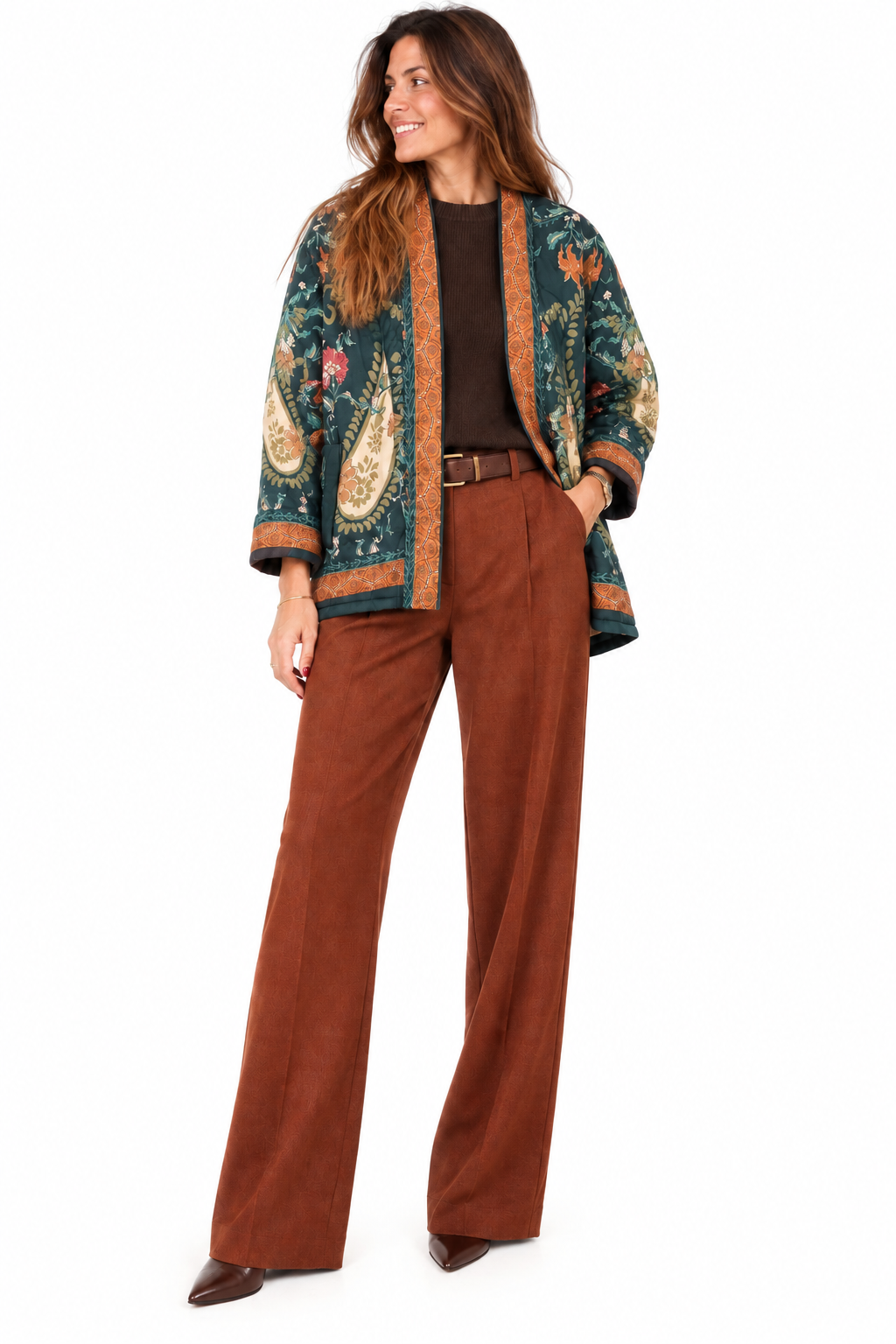 Chaqueta Verde y Naranja estilo kimono con motivos florales acolchada Boho-chic Chaqueta Verde y Naranja estilo kimono con motivos florales acolchada Boho-chic