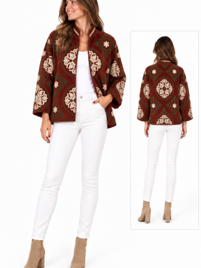 Home Chaqueta Burdeos y Blanco estilo kimono acolchada Boho-chic