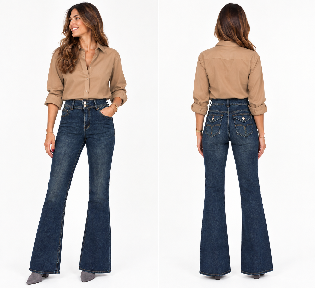 Pantalones Denim Azul Campana Bolsillos traseros con botones Pantalones Denim Azul Campana Bolsillos traseros con botones