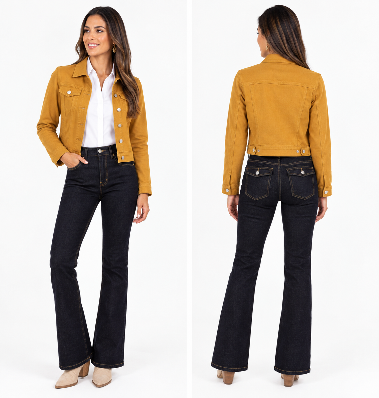 Pantalones Denim Azul Oscuros Campana Bolsillos traseros con botones Pantalones Denim Azul Oscuros Campana Bolsillos traseros con botones