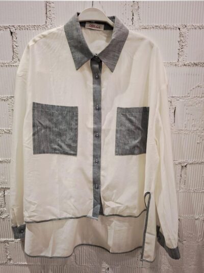 Home Camisa blanca de algodón con bolsillos y cuello azules denim