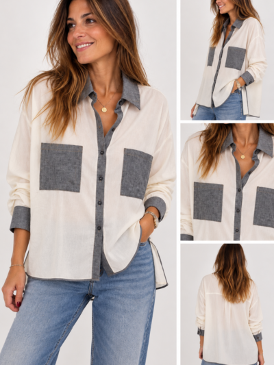 Home Camisa blanca de algodón con bolsillos y cuello azules denim
