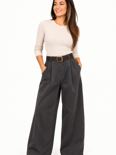 Home Pantalones Azules Wide Leg con Cinturón Marrón